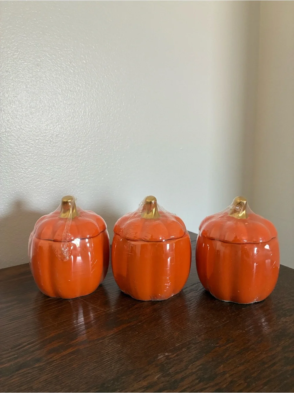 NWT- Set of 3- Orange Ceramic Pumpkin Jars with Lid & Gold Stems